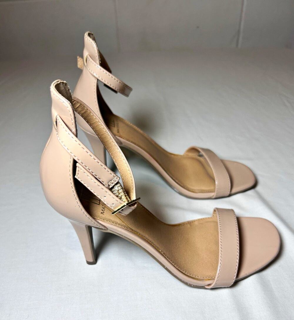 Material Girl Beige Patent Leather Ankle Strap Buckle Open Toe Stiletto Heel